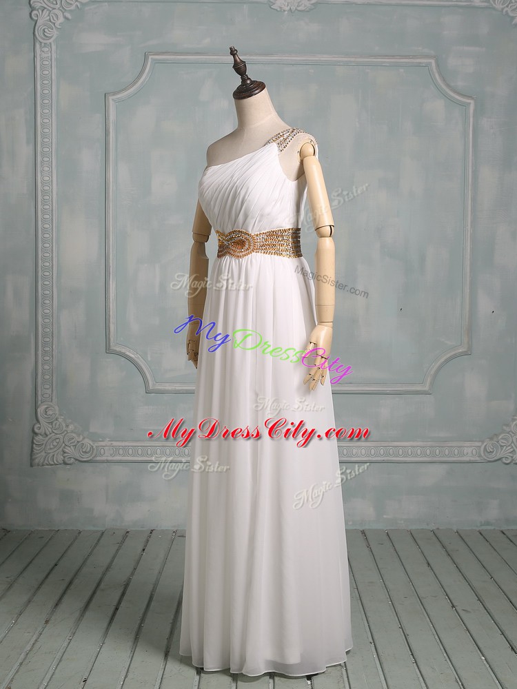 Chiffon One Shoulder Sleeveless Side Zipper Beading Wedding Gowns in White