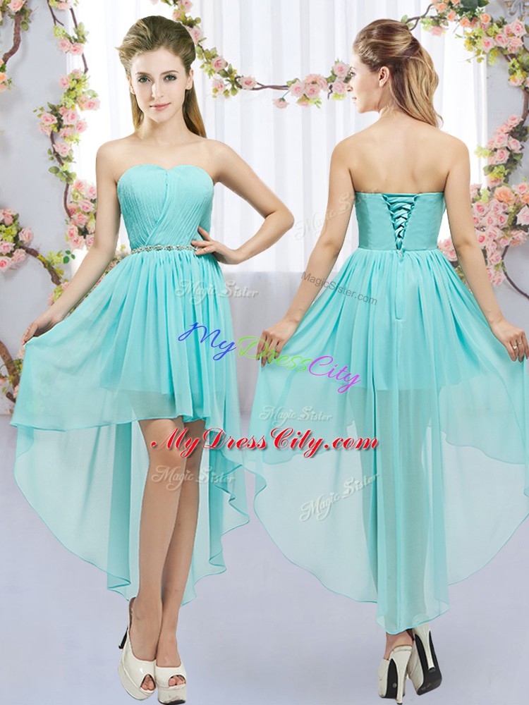 Aqua Blue Empire Beading Dama Dress for Quinceanera Lace Up Chiffon Sleeveless High Low