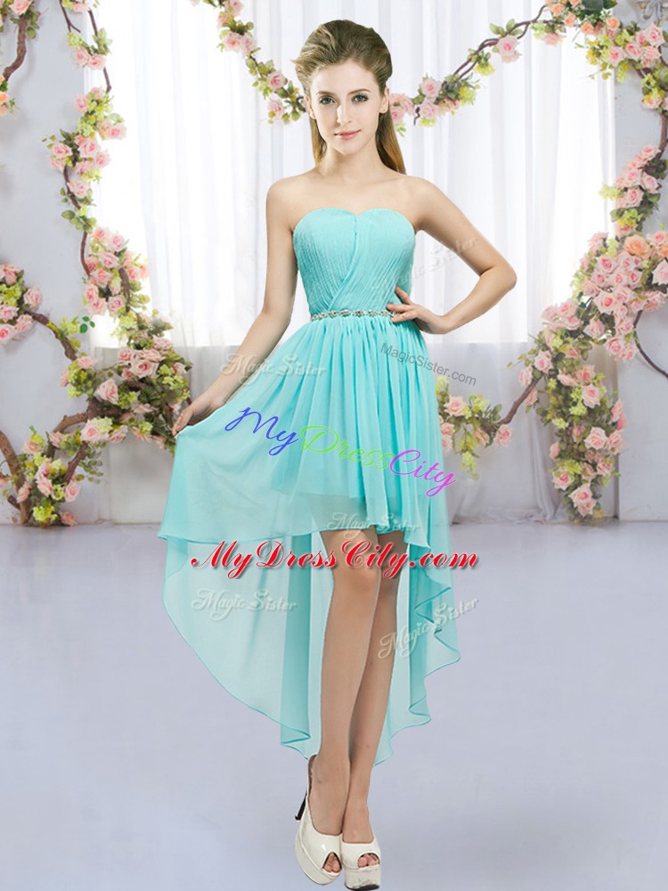 Aqua Blue Empire Beading Dama Dress for Quinceanera Lace Up Chiffon Sleeveless High Low