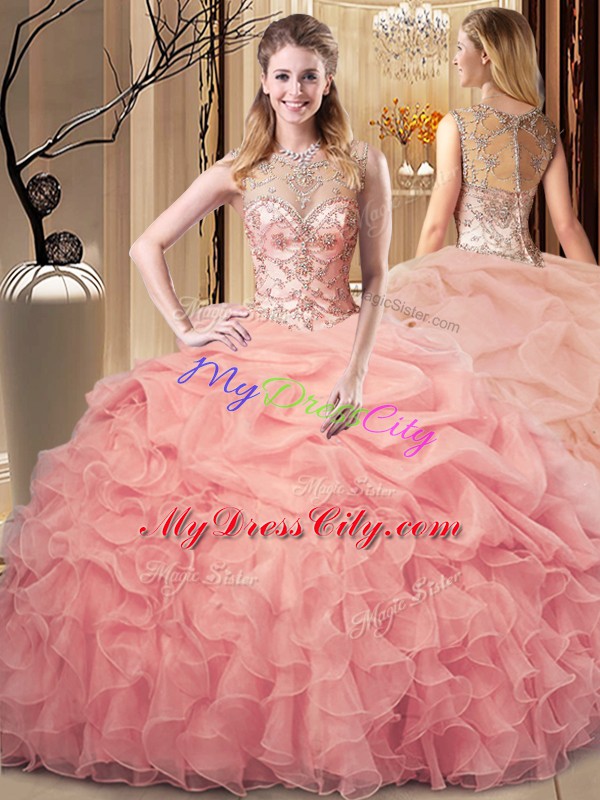 Smart Peach Zipper Scoop Beading and Ruffles Quinceanera Gown Organza Sleeveless