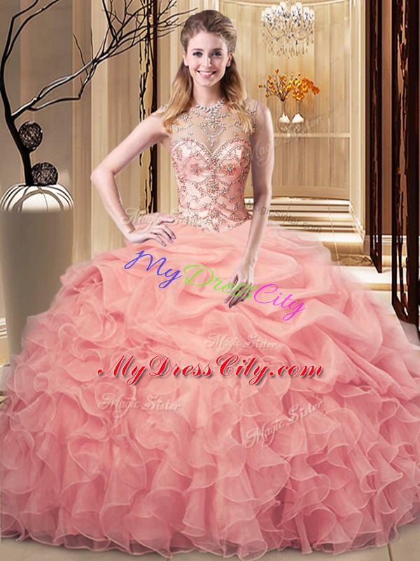 Smart Peach Zipper Scoop Beading and Ruffles Quinceanera Gown Organza Sleeveless