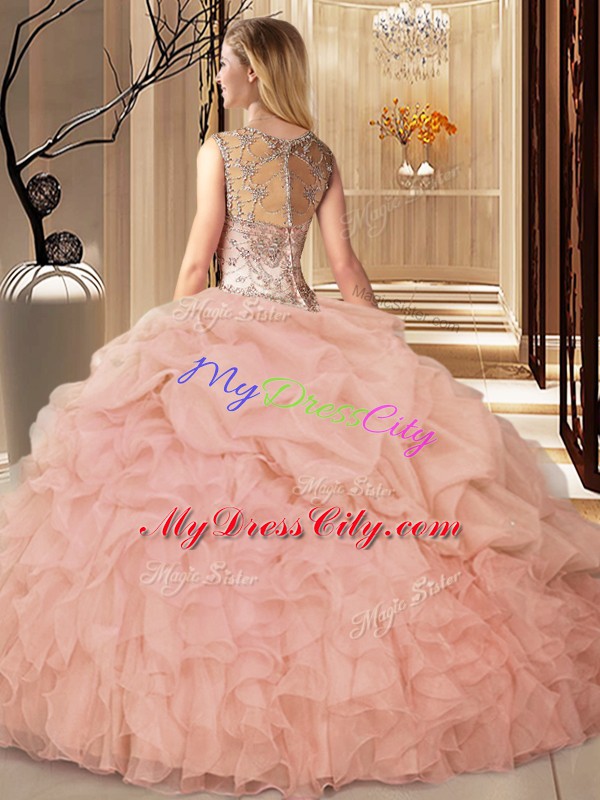 Smart Peach Zipper Scoop Beading and Ruffles Quinceanera Gown Organza Sleeveless