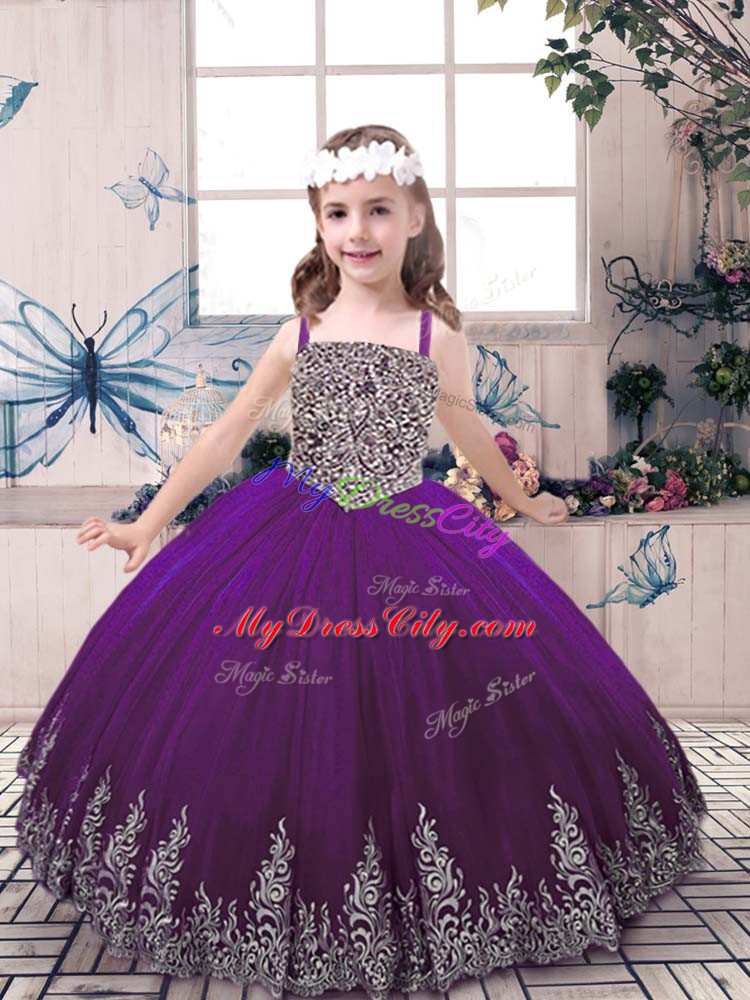 High Class Purple Pageant Dress for Teens Party and Sweet 16 and Wedding Party with Beading and Appliques Straps Sleeveless Lace Up