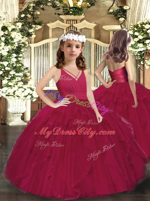 Burgundy Tulle Zipper V-neck Sleeveless Floor Length Little Girls Pageant Dress Ruffles and Ruching