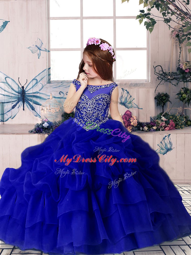 Royal Blue Sleeveless Floor Length Beading and Pick Ups Zipper Pageant Dress for Womens