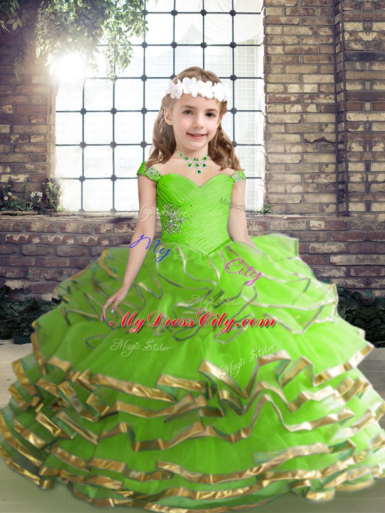 Organza Straps Sleeveless Lace Up Beading and Ruching Kids Formal Wear in