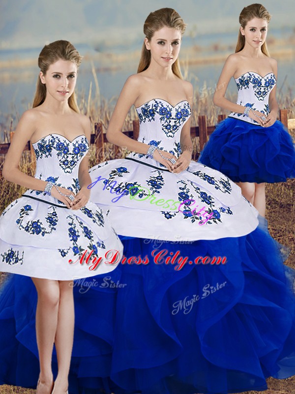 Royal Blue Sweet 16 Dresses Military Ball and Sweet 16 and Quinceanera with Embroidery and Ruffles and Bowknot Sweetheart Sleeveless Lace Up