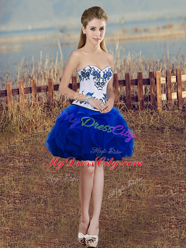 Royal Blue Sweet 16 Dresses Military Ball and Sweet 16 and Quinceanera with Embroidery and Ruffles and Bowknot Sweetheart Sleeveless Lace Up