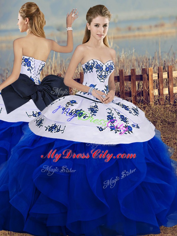 Royal Blue Sweet 16 Dresses Military Ball and Sweet 16 and Quinceanera with Embroidery and Ruffles and Bowknot Sweetheart Sleeveless Lace Up