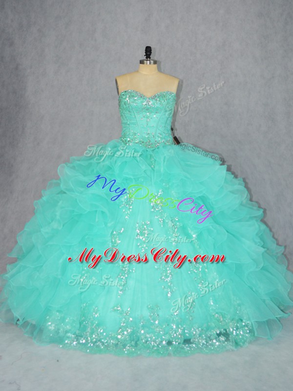 Cute Aqua Blue Ball Gowns Beading and Appliques Vestidos de Quinceanera Lace Up Organza Sleeveless Floor Length