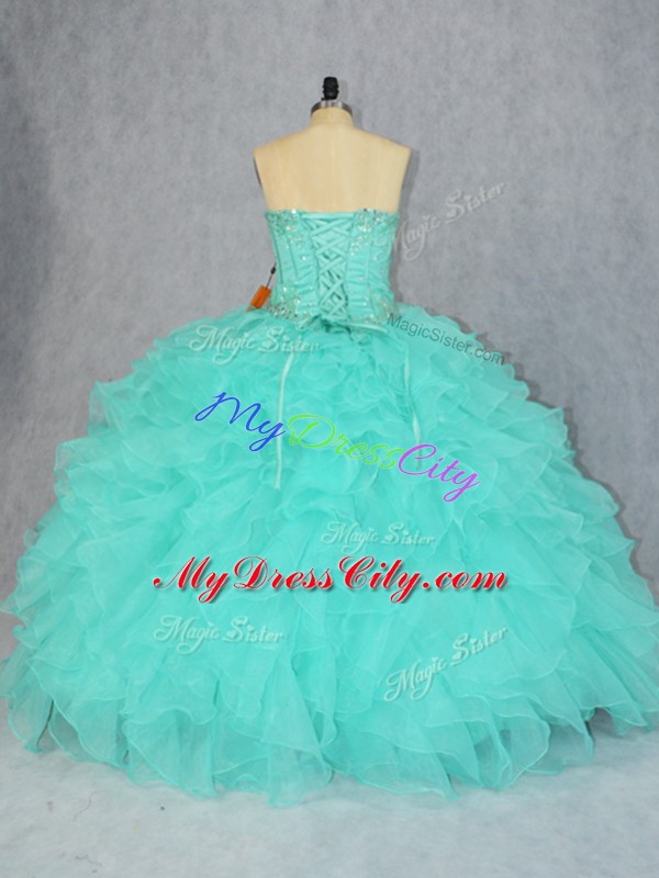 Cute Aqua Blue Ball Gowns Beading and Appliques Vestidos de Quinceanera Lace Up Organza Sleeveless Floor Length