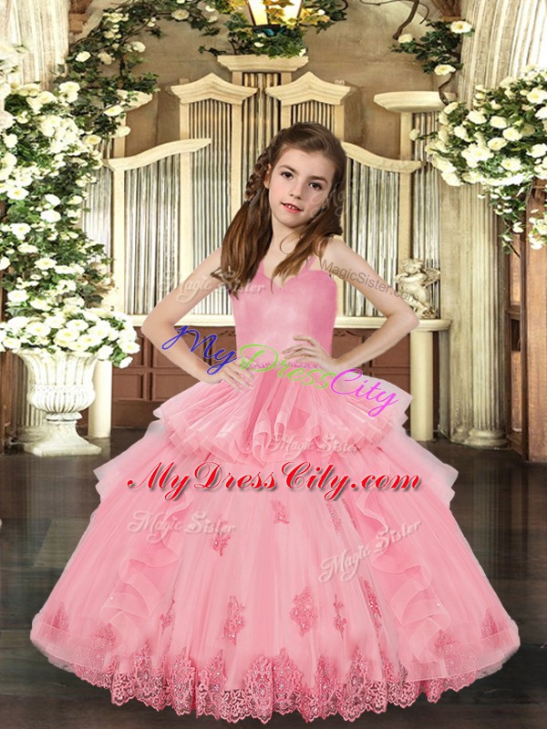 High End Sleeveless Floor Length Lace and Appliques Lace Up Little Girl Pageant Gowns with Baby Pink