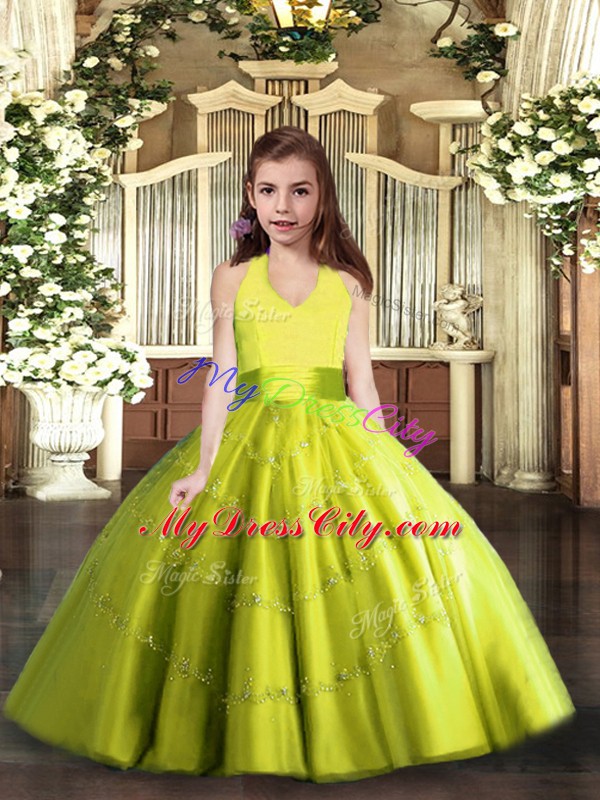 Adorable Yellow Green Tulle Lace Up Little Girl Pageant Gowns Sleeveless Floor Length Beading