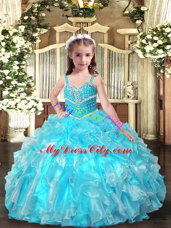 Affordable Aqua Blue Ball Gowns Straps Sleeveless Organza Floor Length Lace Up Beading and Ruffles Glitz Pageant Dress