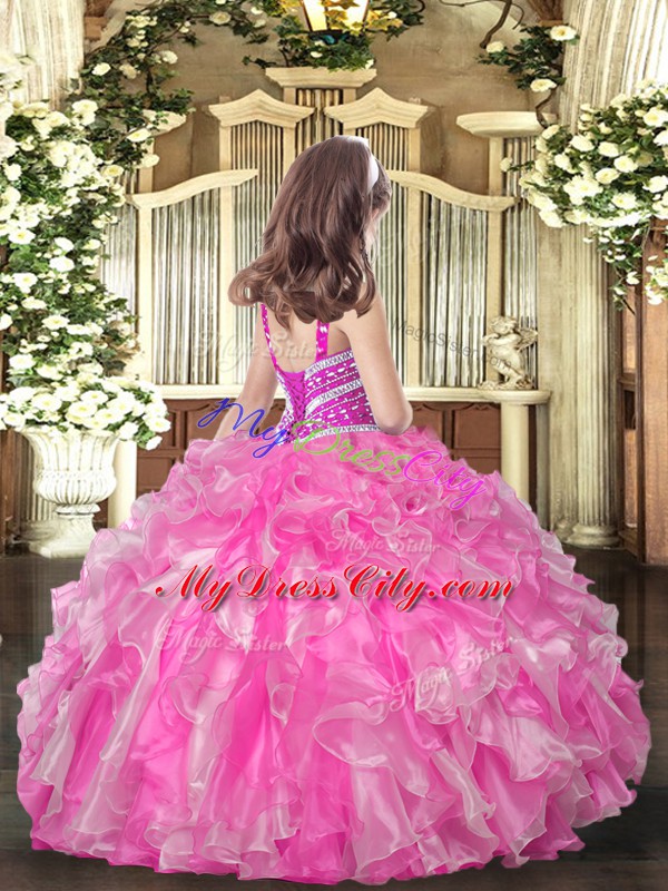 Affordable Aqua Blue Ball Gowns Straps Sleeveless Organza Floor Length Lace Up Beading and Ruffles Glitz Pageant Dress