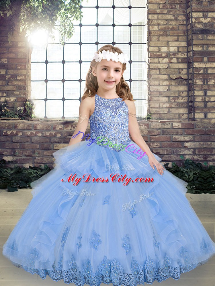 Tulle Sleeveless Floor Length Child Pageant Dress and Appliques