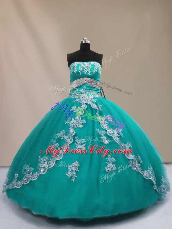 Most Popular Sleeveless Lace Up Floor Length Appliques Quinceanera Gown