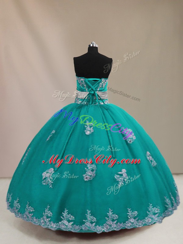 Most Popular Sleeveless Lace Up Floor Length Appliques Quinceanera Gown