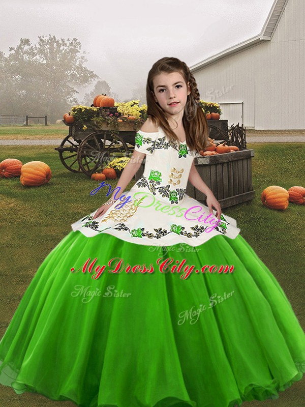 Green Ball Gowns Straps Sleeveless Organza Floor Length Lace Up Embroidery Kids Formal Wear