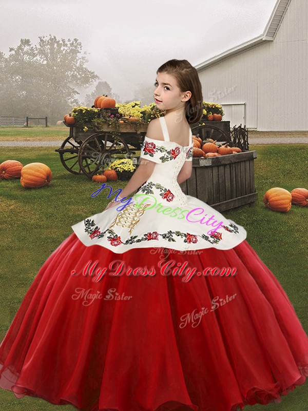 Green Ball Gowns Straps Sleeveless Organza Floor Length Lace Up Embroidery Kids Formal Wear