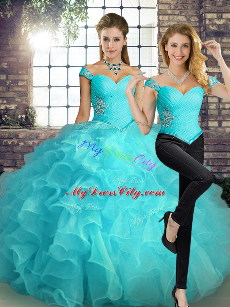 Aqua Blue Lace Up Off The Shoulder Beading and Ruffles Quinceanera Gown Organza Sleeveless