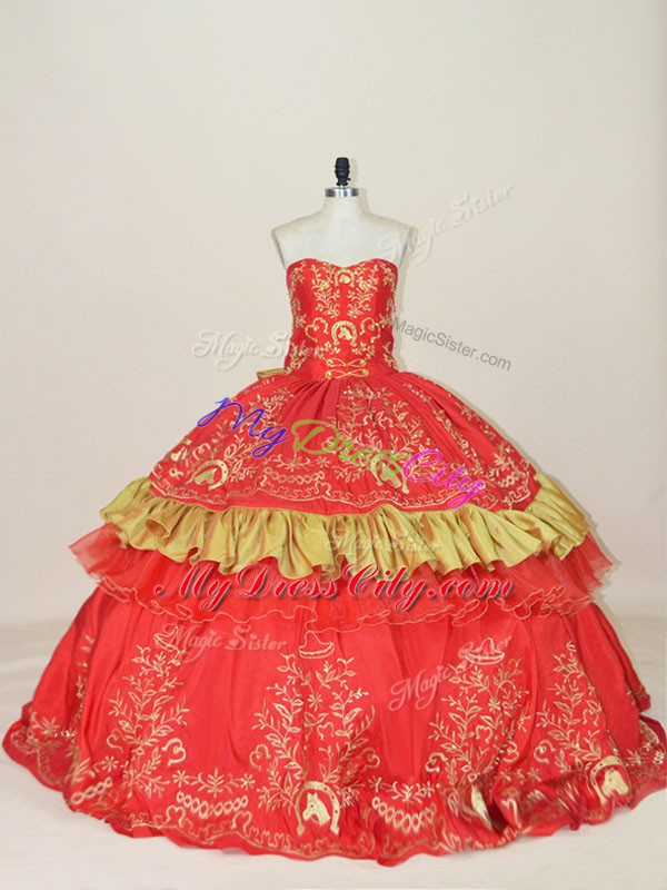 Red Ball Gowns Satin Sweetheart Sleeveless Embroidery and Bowknot Floor Length Lace Up Quince Ball Gowns