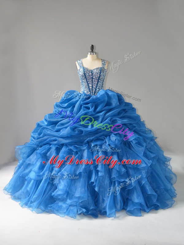 Beautiful Blue Straps Lace Up Beading and Ruffles 15th Birthday Dress Sleeveless