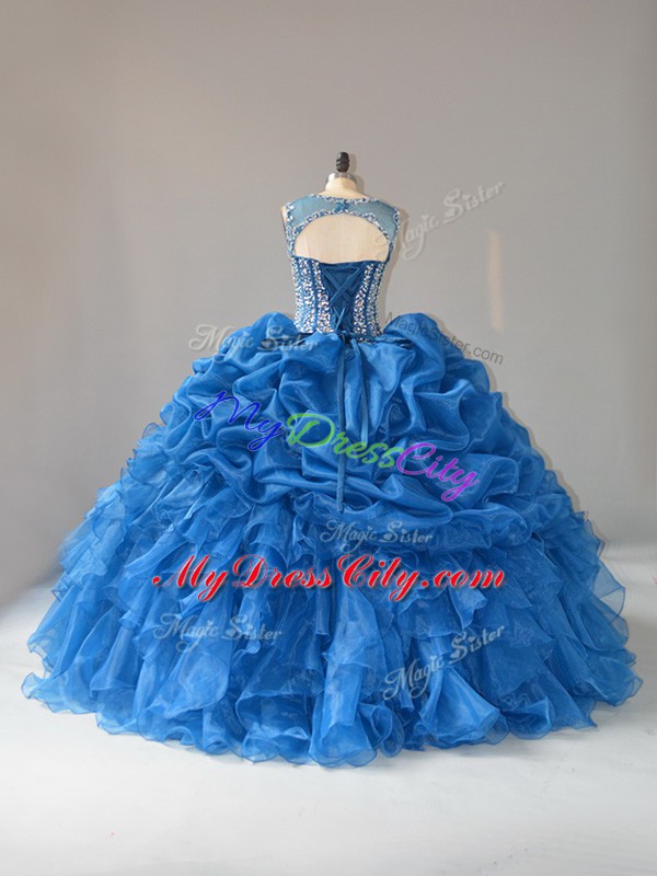 Beautiful Blue Straps Lace Up Beading and Ruffles 15th Birthday Dress Sleeveless