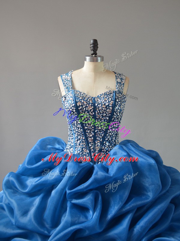 Beautiful Blue Straps Lace Up Beading and Ruffles 15th Birthday Dress Sleeveless