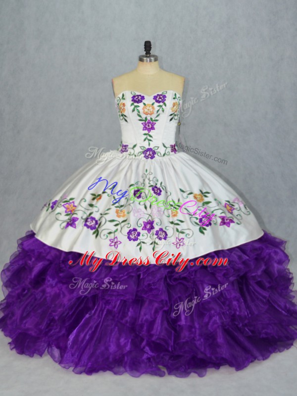 Suitable White And Purple Lace Up 15th Birthday Dress Embroidery and Ruffles Sleeveless Floor Length