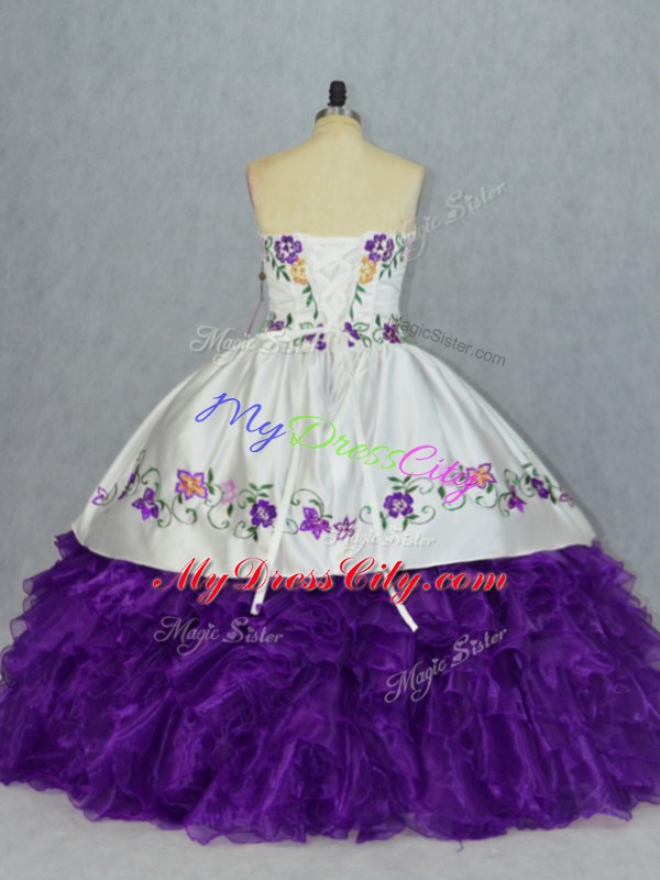 Suitable White And Purple Lace Up 15th Birthday Dress Embroidery and Ruffles Sleeveless Floor Length