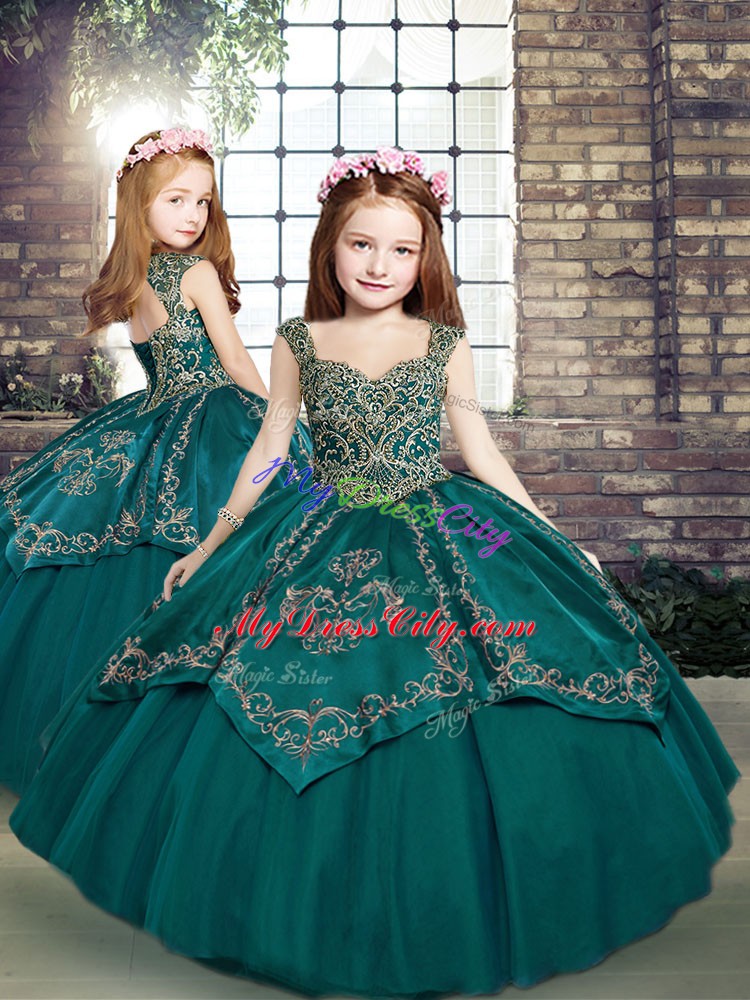 Custom Design Teal Straps Lace Up Beading and Embroidery Little Girls Pageant Dress Sleeveless