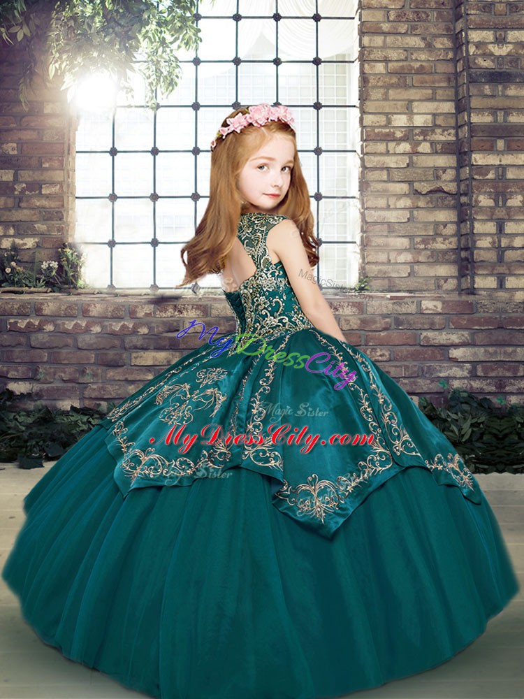 Custom Design Teal Straps Lace Up Beading and Embroidery Little Girls Pageant Dress Sleeveless