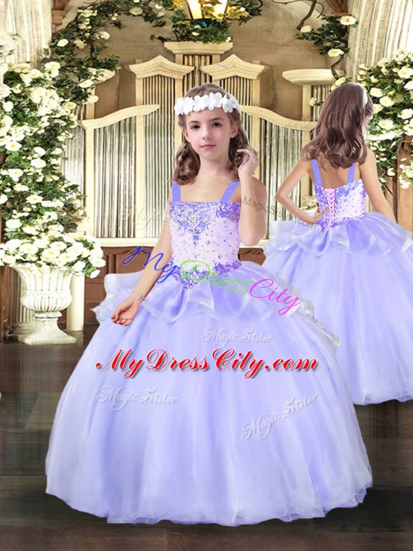 Sweet Lavender Ball Gowns Organza Straps Sleeveless Beading Floor Length Lace Up Little Girls Pageant Dress Wholesale