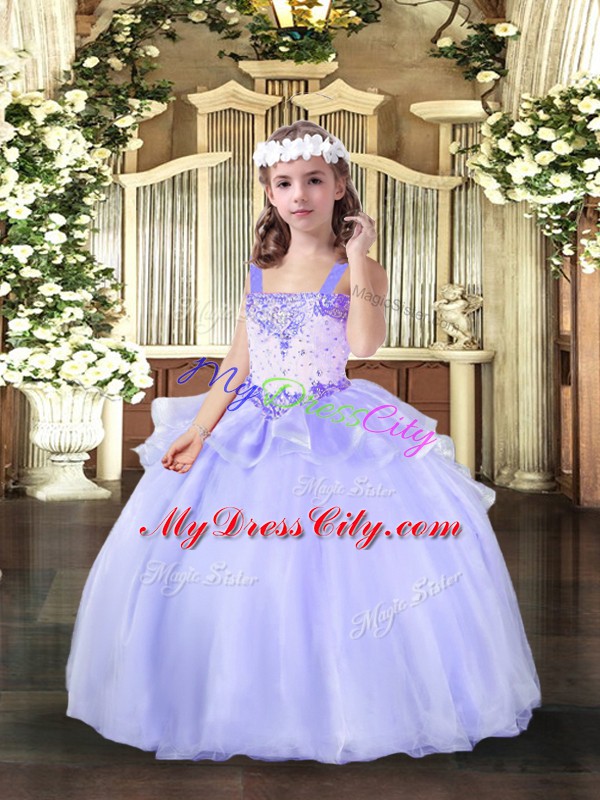 Sweet Lavender Ball Gowns Organza Straps Sleeveless Beading Floor Length Lace Up Little Girls Pageant Dress Wholesale