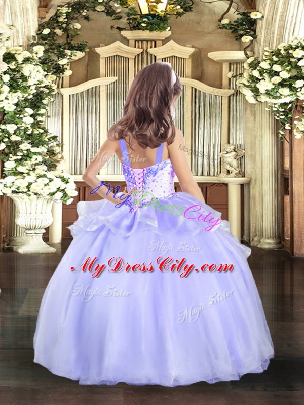 Sweet Lavender Ball Gowns Organza Straps Sleeveless Beading Floor Length Lace Up Little Girls Pageant Dress Wholesale