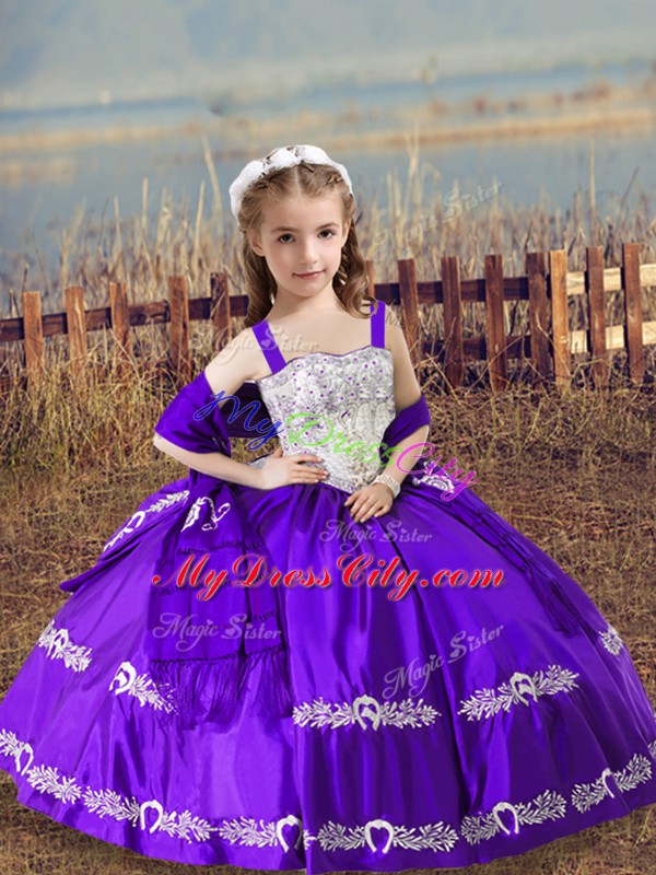 Purple Sleeveless Beading and Embroidery Floor Length Pageant Gowns For Girls