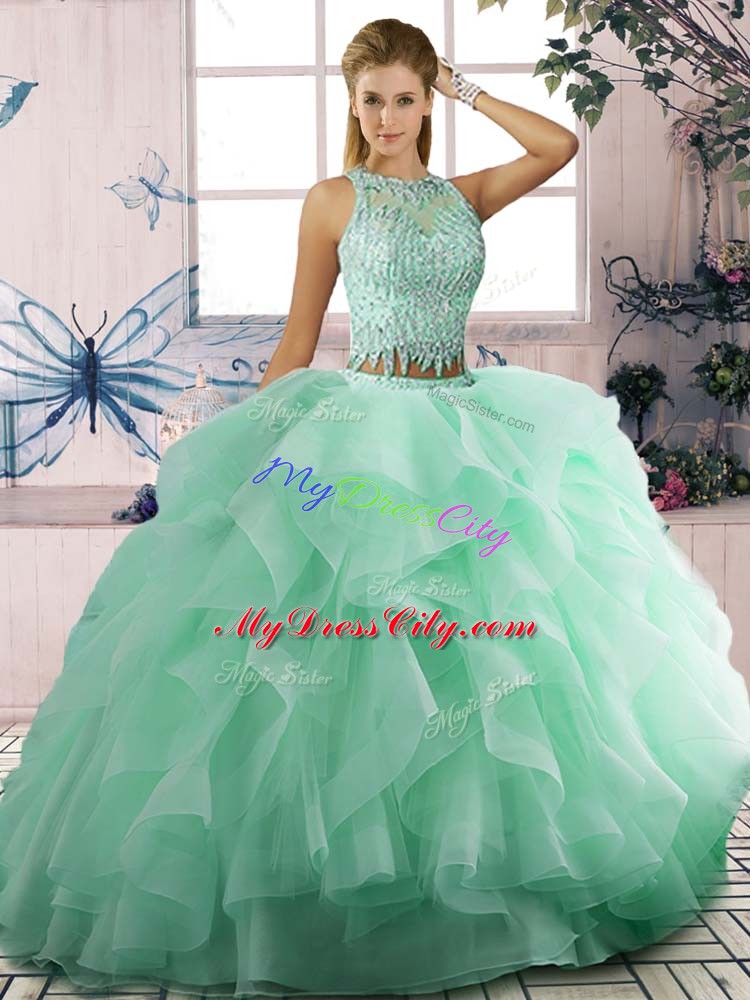 Cheap Apple Green Sleeveless Beading and Ruffles Floor Length Vestidos de Quinceanera