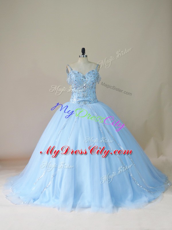 Clearance Ball Gowns Sleeveless Light Blue Sweet 16 Dress Brush Train Lace Up