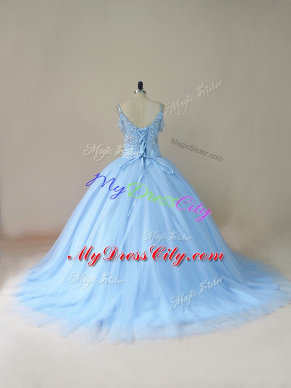 Clearance Ball Gowns Sleeveless Light Blue Sweet 16 Dress Brush Train Lace Up