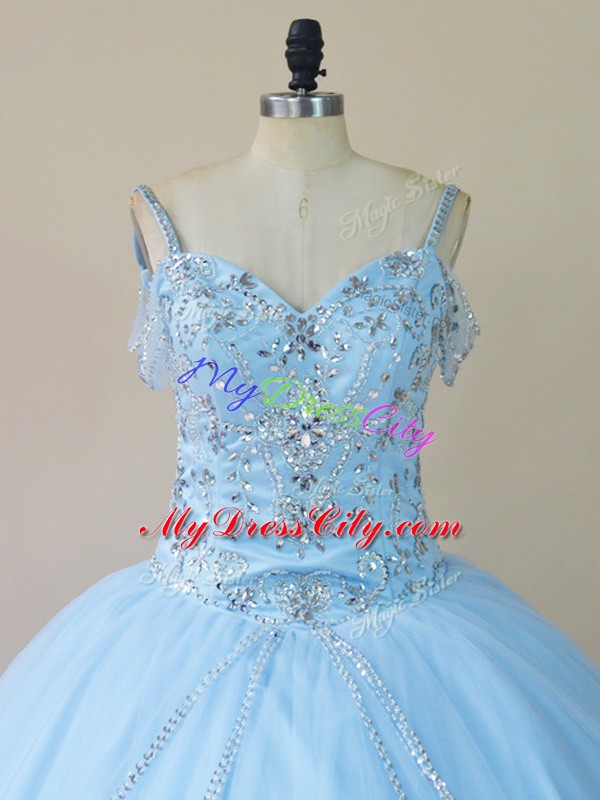 Clearance Ball Gowns Sleeveless Light Blue Sweet 16 Dress Brush Train Lace Up