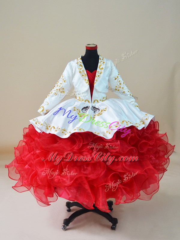 New Arrival White And Red Kids Pageant Dress Wedding Party with Embroidery and Ruffles Sweetheart Sleeveless Lace Up