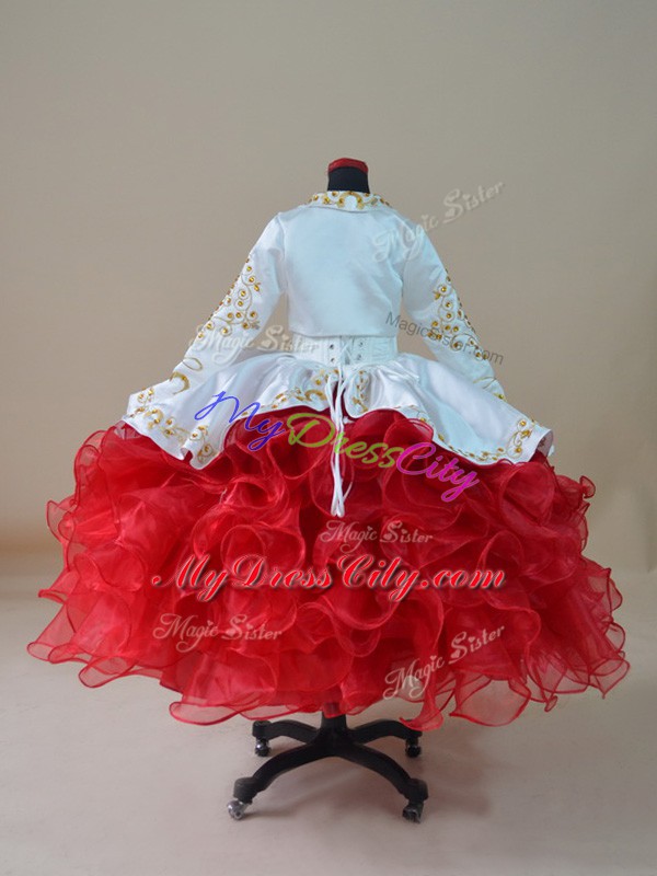 New Arrival White And Red Kids Pageant Dress Wedding Party with Embroidery and Ruffles Sweetheart Sleeveless Lace Up