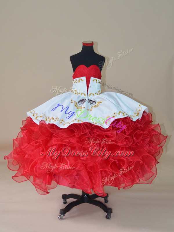 New Arrival White And Red Kids Pageant Dress Wedding Party with Embroidery and Ruffles Sweetheart Sleeveless Lace Up