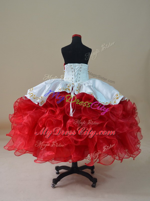 New Arrival White And Red Kids Pageant Dress Wedding Party with Embroidery and Ruffles Sweetheart Sleeveless Lace Up