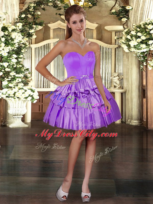 Purple Lace Up Dress for Prom Ruffled Layers Sleeveless Mini Length