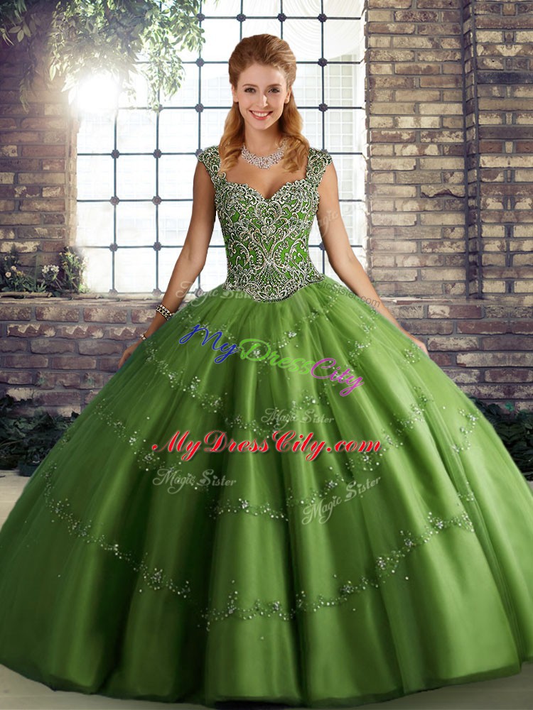 Stylish Green Lace Up Quinceanera Dress Beading and Appliques Sleeveless Floor Length