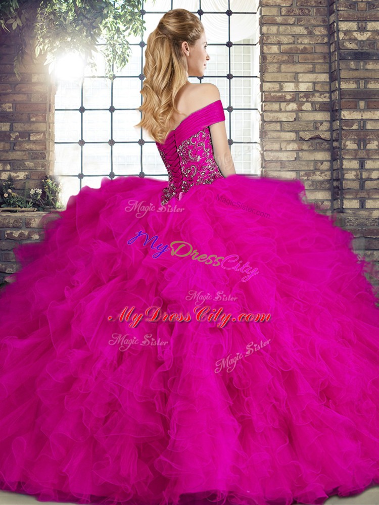 Eye-catching Beading and Ruffles 15 Quinceanera Dress Fuchsia Lace Up Sleeveless Floor Length