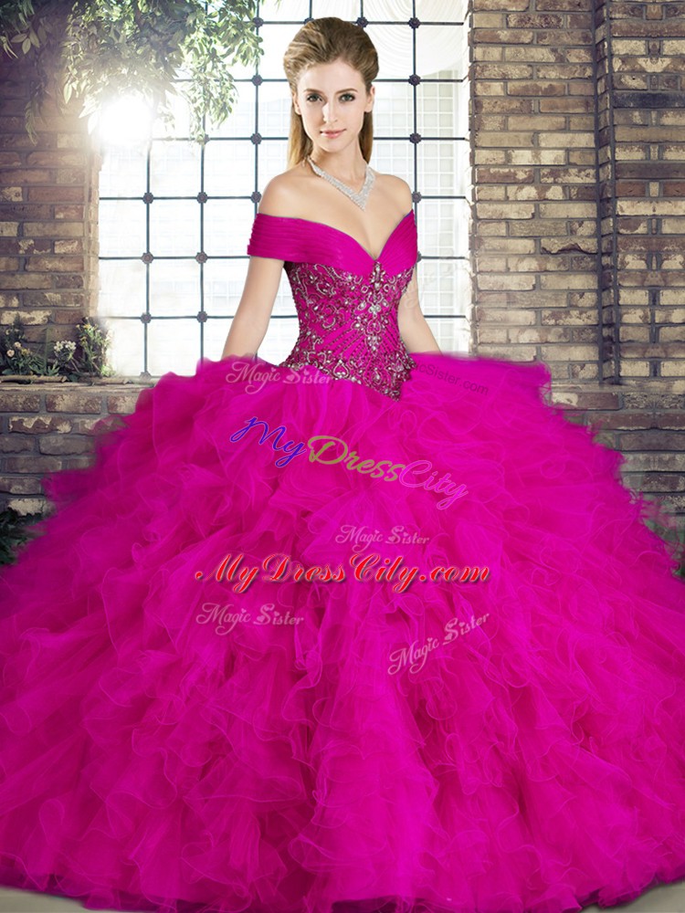 Eye-catching Beading and Ruffles 15 Quinceanera Dress Fuchsia Lace Up Sleeveless Floor Length