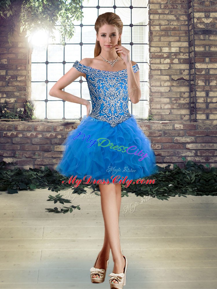 Excellent Mini Length Ball Gowns Sleeveless Blue Prom Evening Gown Lace Up